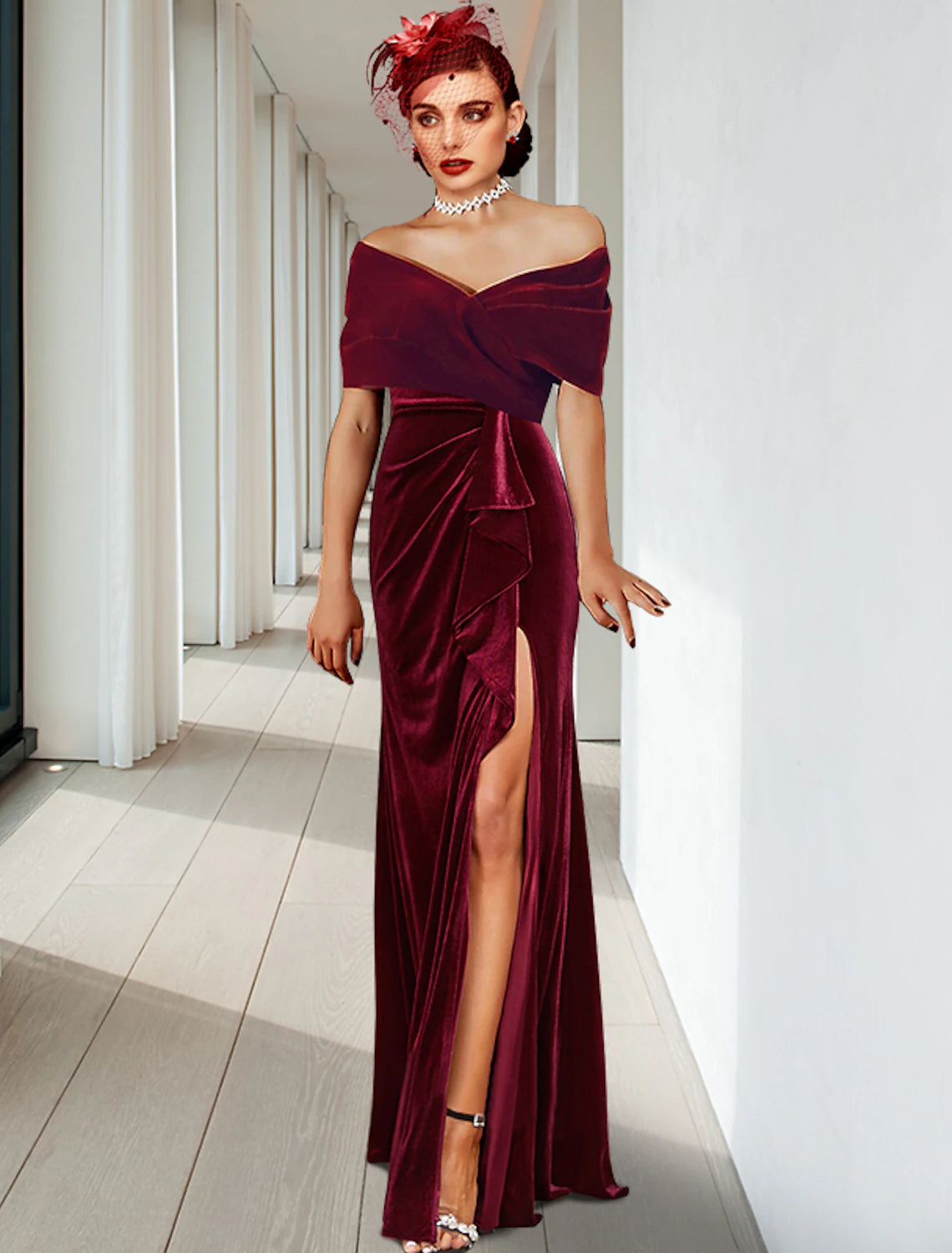 Robe de soirée fourreau/colonne élégante, robe de cocktail, longueur au sol, sans manches, col en V, velours avec plis et volants