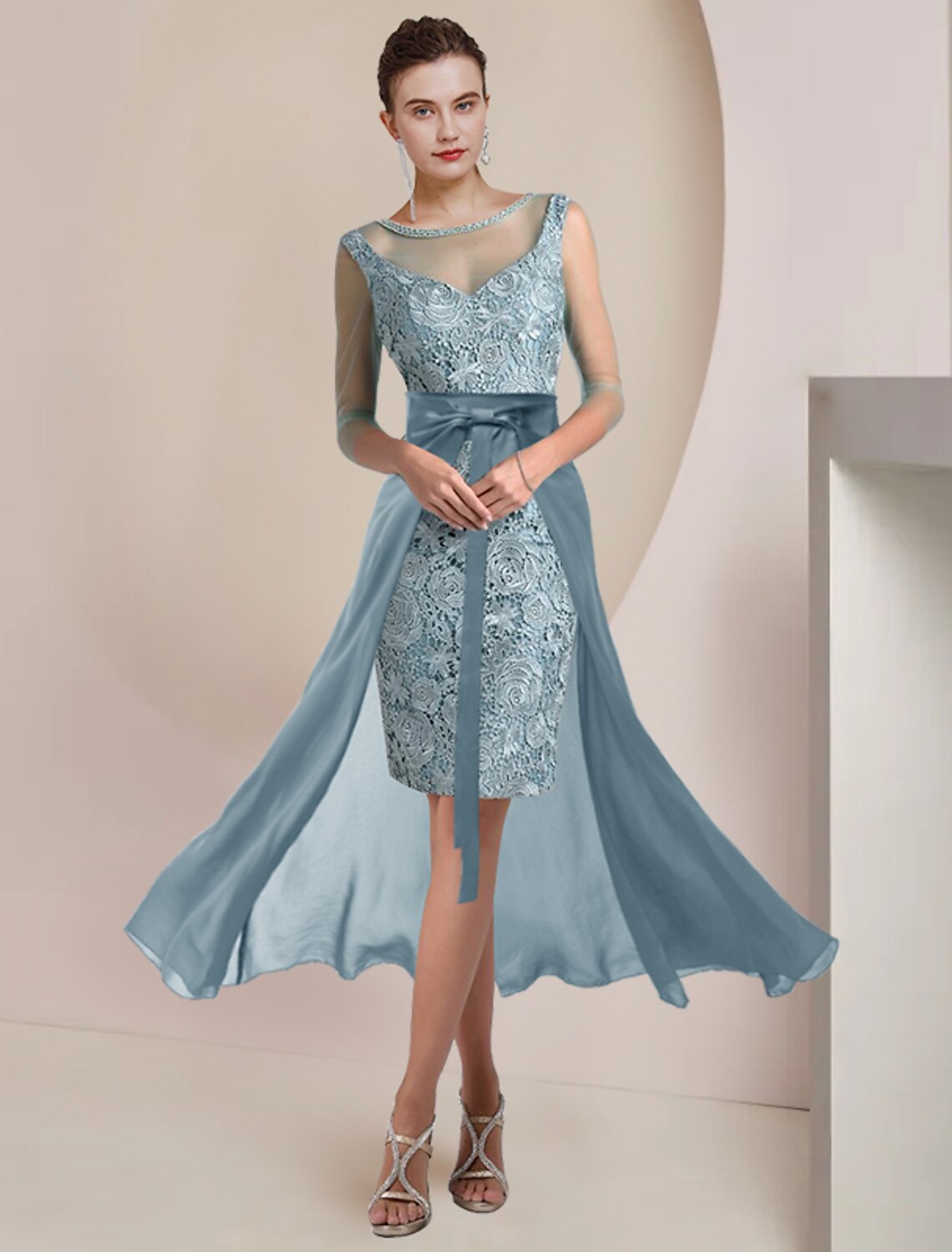 Zweiteiliges Etuikleid/Säulenkleid für die Mutter der Braut, formeller Hochzeitsgast, Vintage, elegant, Rundhalsausschnitt, teelang, knielang, Chiffon, Spitze, 3/4-Ärmel mit Perlenapplikationen