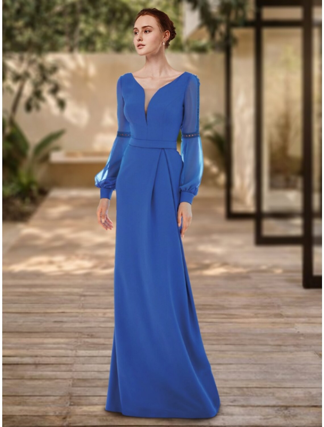 Etuikleid/Säulenkleid, elegantes Abendkleid, formelles Kleid, bodenlang, lange Ärmel, V-Ausschnitt, Stretch-Chiffon mit Falten
