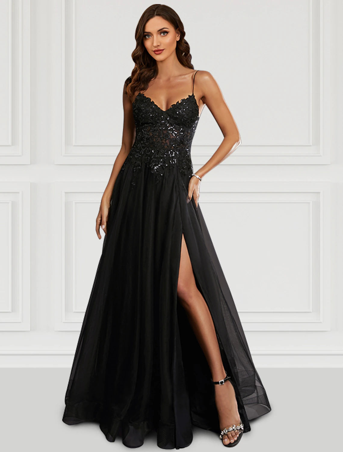 Robe de bal trapèze noire à fleurs, tenue de soirée, de mariage, longueur au sol, sans manches, bretelles spaghetti, tulle avec fente pailletée