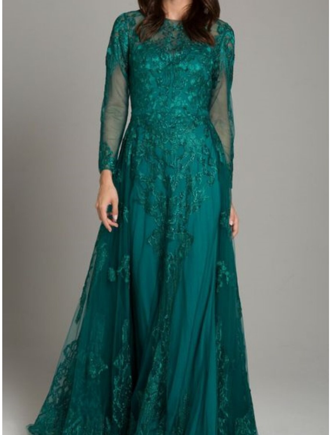 A-Linie Kleid für die Brautmutter, Hochzeitsgast, elegant, Rundhalsausschnitt, bodenlang, Spitze, Tüll, lange Ärmel mit Rüschen, einfarbig