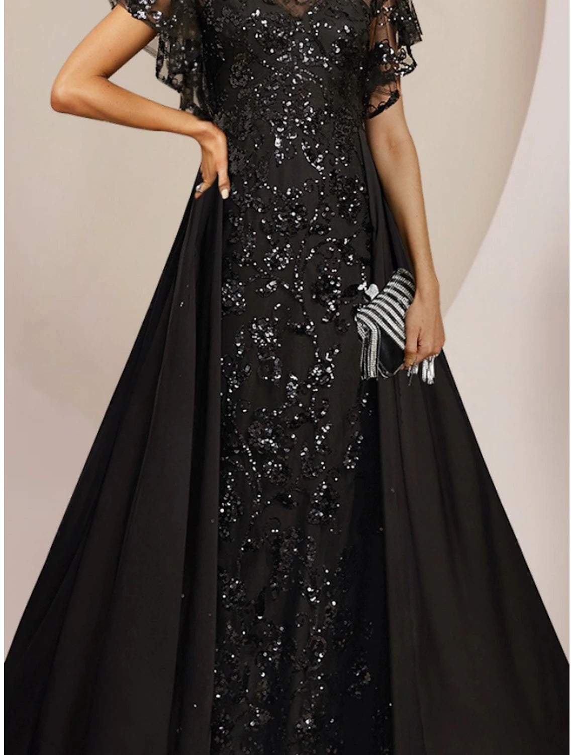 A-Linie Kleid für die Brautmutter, Hochzeitsgast, elegant, U-Ausschnitt, bodenlang, Chiffon, Spitze, Pailletten, kurze Ärmel mit Paillettenrüschen, einfarbig