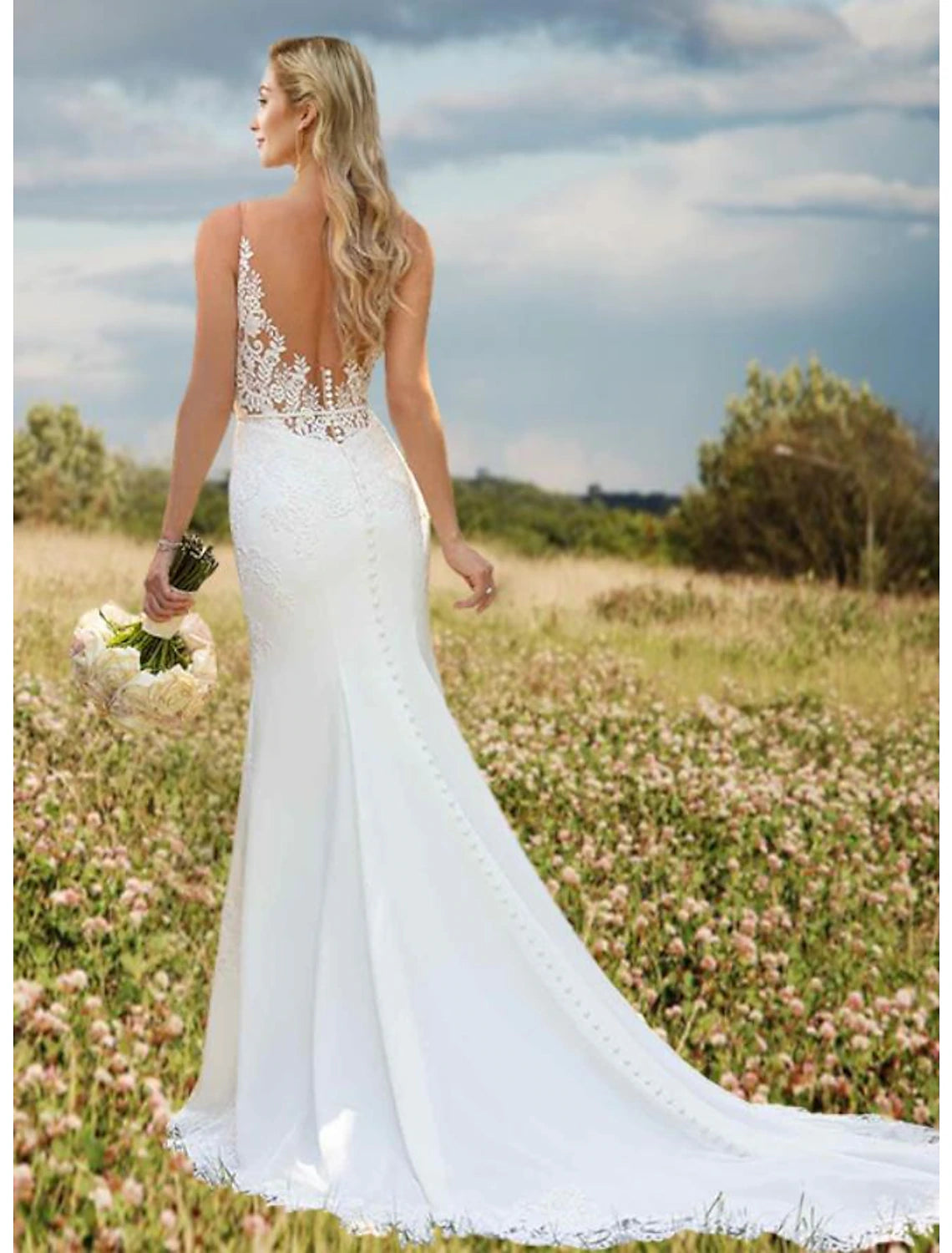 Robe de mariée sexy dos nu, style sirène/trompette, col en V, sans manches, traîne, en dentelle, avec appliques