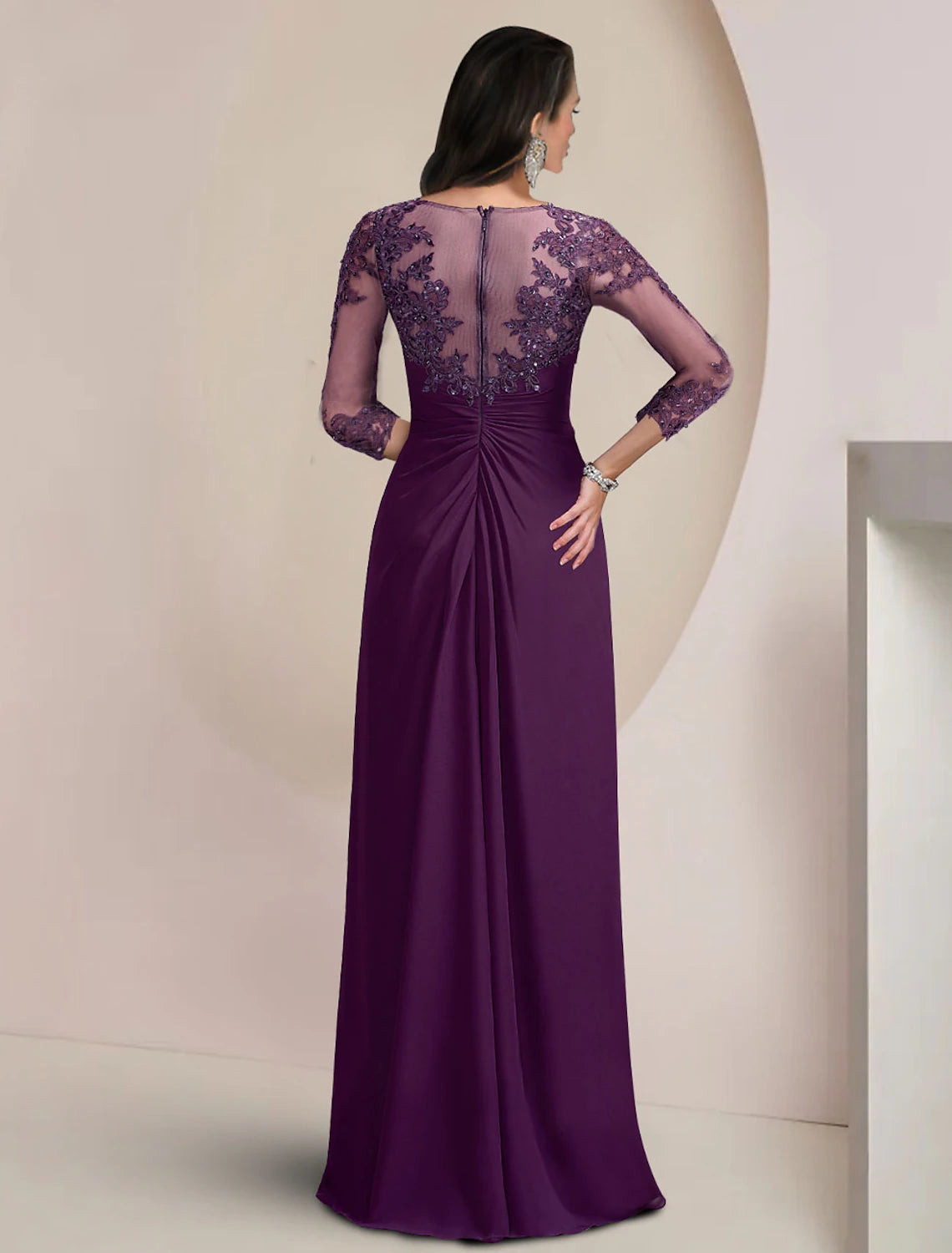 Etuikleid/Säulenkleid für die Mutter der Braut, formelle Herbsthochzeitsgäste, elegante Pailletten, Rundhalsausschnitt, bodenlange Chiffonspitze, 3/4-Ärmel mit Applikationen, funkeln und glänzen