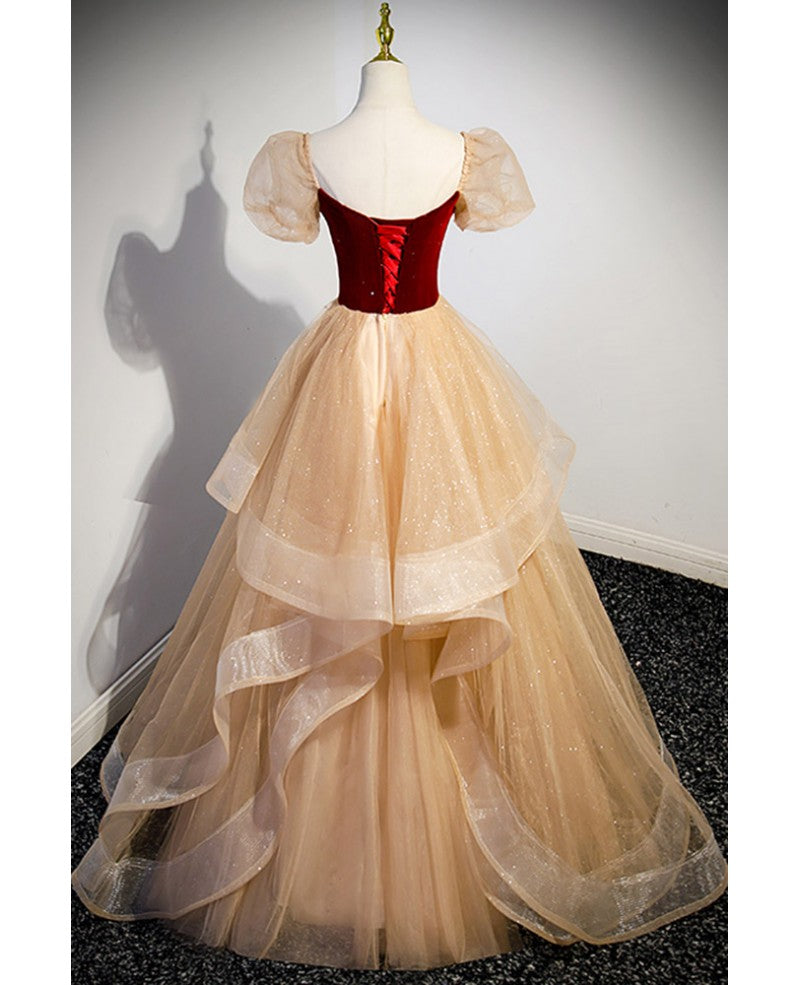 Edles und elegantes weinrotes glitzerndes Pailletten-Ballkleid mit quadratischem Ausschnitt und kurzen Ärmeln, weinrotes rückenfreies Trägerkleid mit gerüschten Kanten und bodenlanges Abendkleid