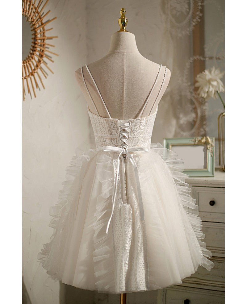 Robe de soirée d'anniversaire ouverte sans manches en dentelle ivoire unique et sexy, robe de cocktail ivoire trapèze/princesse avec nœud et dos ouvert en dentelle et fleurs