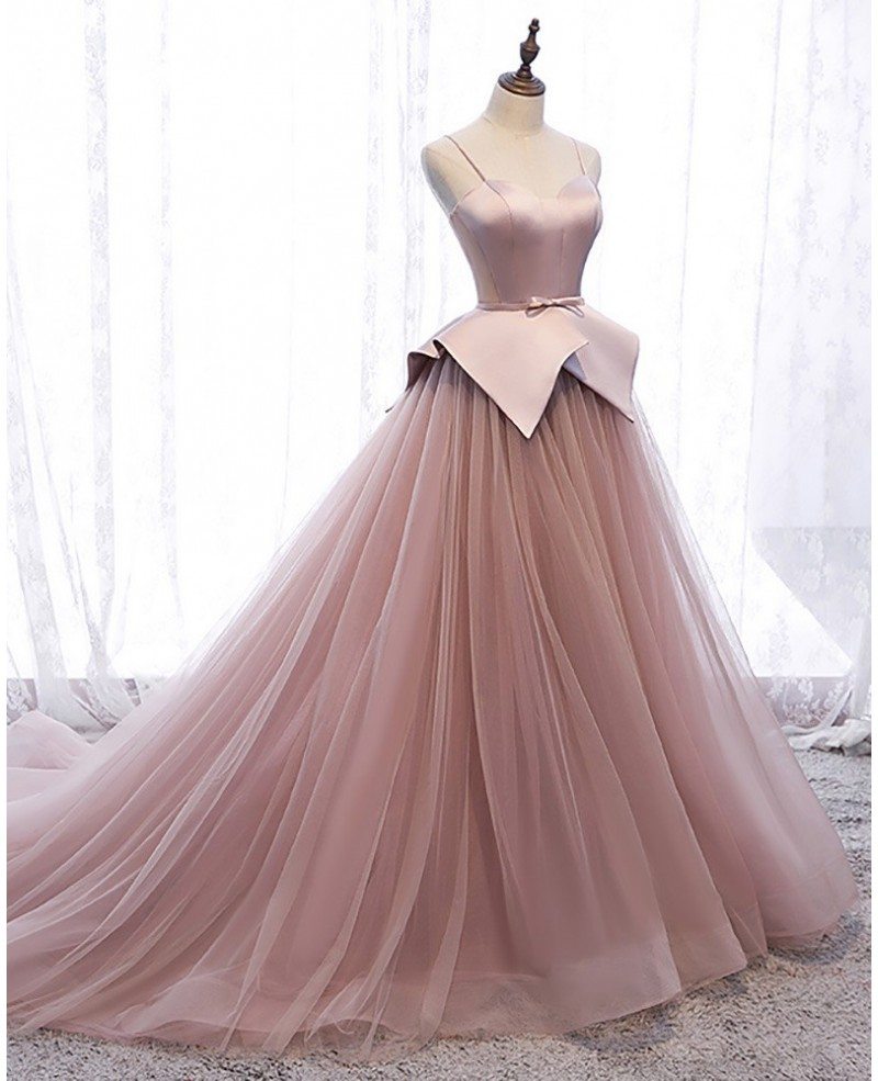 Edles und einzigartiges rosafarbenes, schulterfreies, transparentes Ballkleid mit dünnen rosafarbenen Schulterträgern und rückenfreien Trägern, langes, bodenlanges Ballkleid