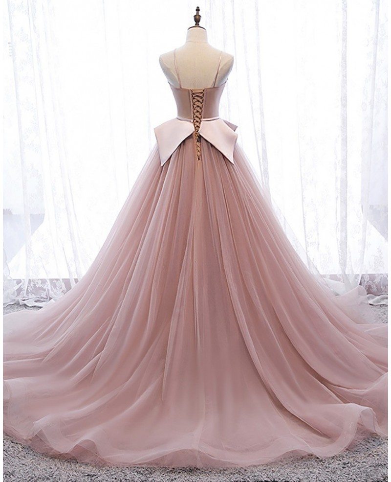 Edles und einzigartiges rosafarbenes, schulterfreies, transparentes Ballkleid mit dünnen rosafarbenen Schulterträgern und rückenfreien Trägern, langes, bodenlanges Ballkleid