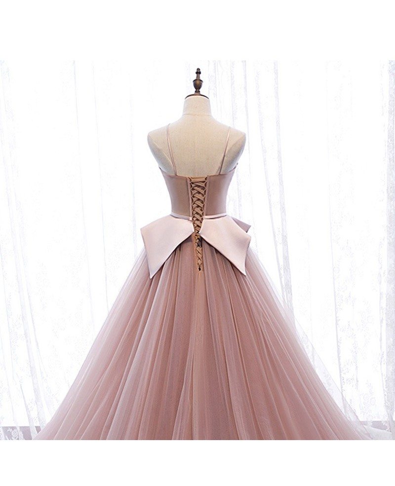 Edles und einzigartiges rosafarbenes, schulterfreies, transparentes Ballkleid mit dünnen rosafarbenen Schulterträgern und rückenfreien Trägern, langes, bodenlanges Ballkleid