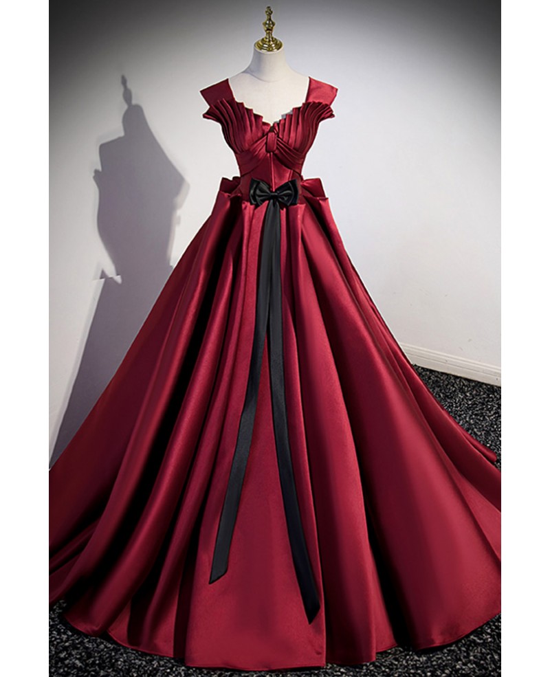 Robe de bal élégante en satin bordeaux à manches courtes et nœud, robe de bal bordeaux à col en V et dos nu et longueur au sol