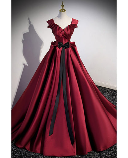 Elegant burgundy bow satin short sleeved ball dress, burgundy V-neck backless and floor length prom dress