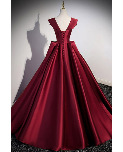 Elegant burgundy bow satin short sleeved ball dress, burgundy V-neck backless and floor length prom dress