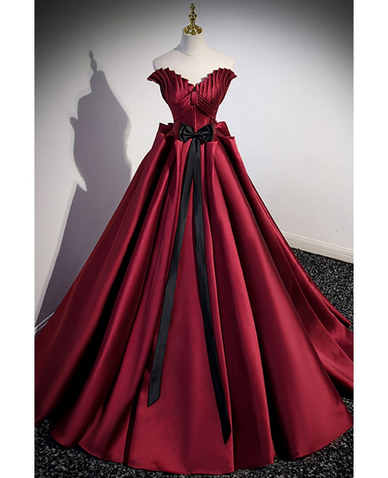 Elegant burgundy bow satin short sleeved ball dress, burgundy V-neck backless and floor length prom dress