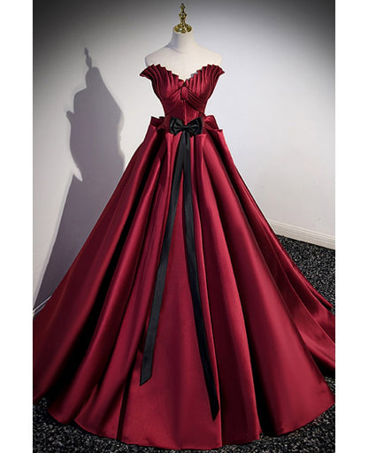 Elegant burgundy bow satin short sleeved ball dress, burgundy V-neck backless and floor length prom dress