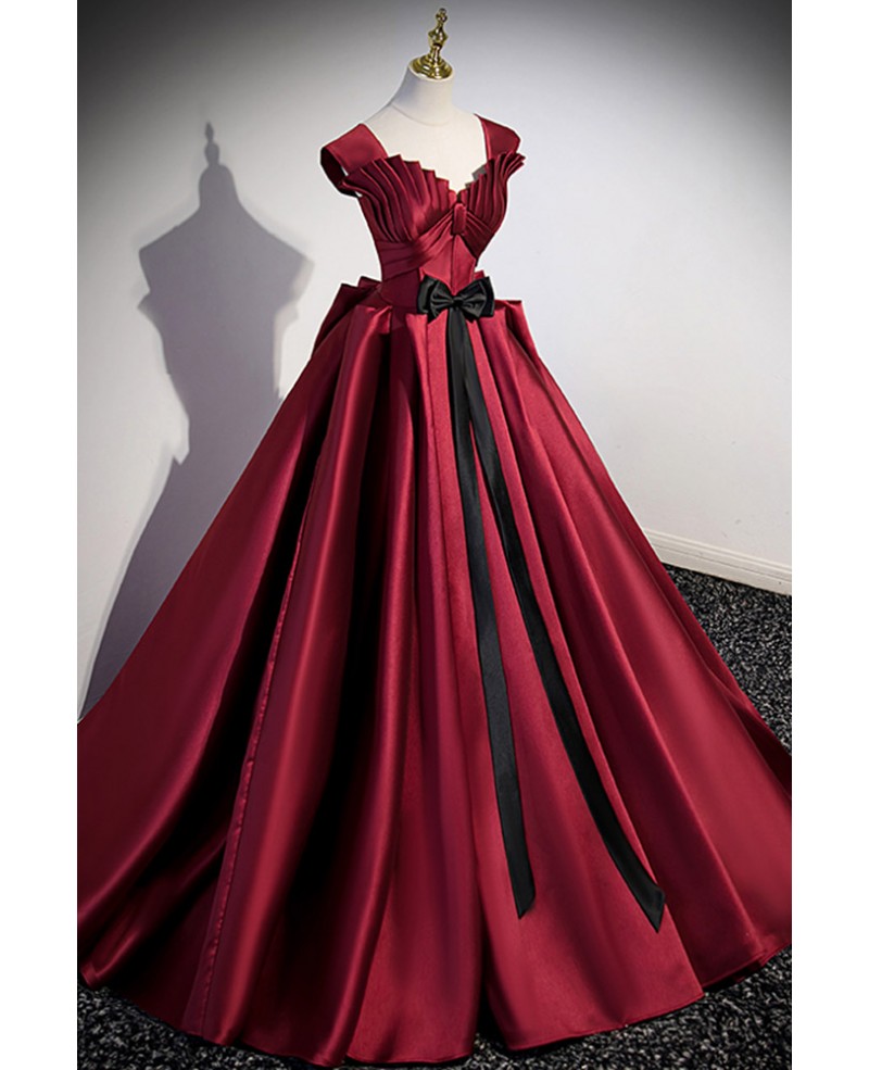 Robe de bal élégante en satin bordeaux à manches courtes et nœud, robe de bal bordeaux à col en V et dos nu et longueur au sol