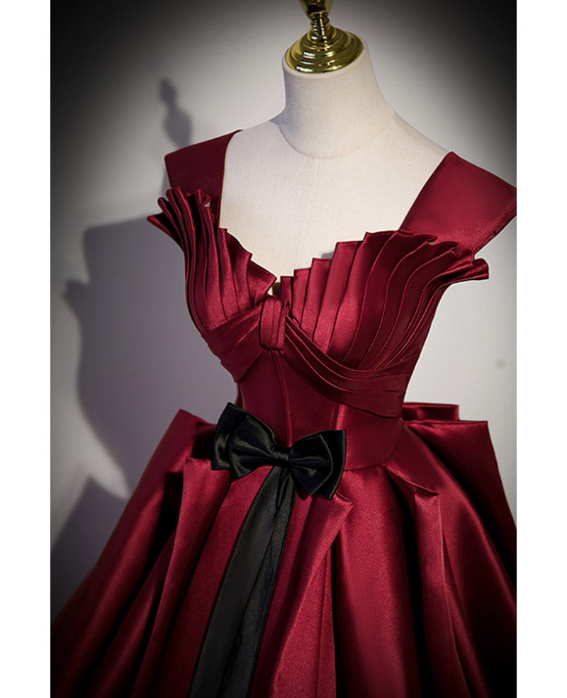 Robe de bal élégante en satin bordeaux à manches courtes et nœud, robe de bal bordeaux à col en V et dos nu et longueur au sol