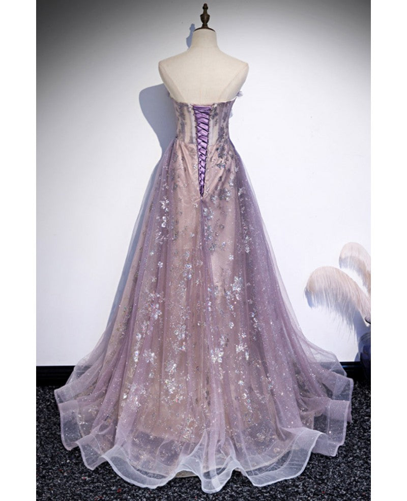 Robe de soirée élégante et noble en dentelle violette sans manches avec une fine robe de soirée scintillante en forme de A/Sweetheart Princess Sweeping Train avec bords volantés, dos nu et longueur au sol