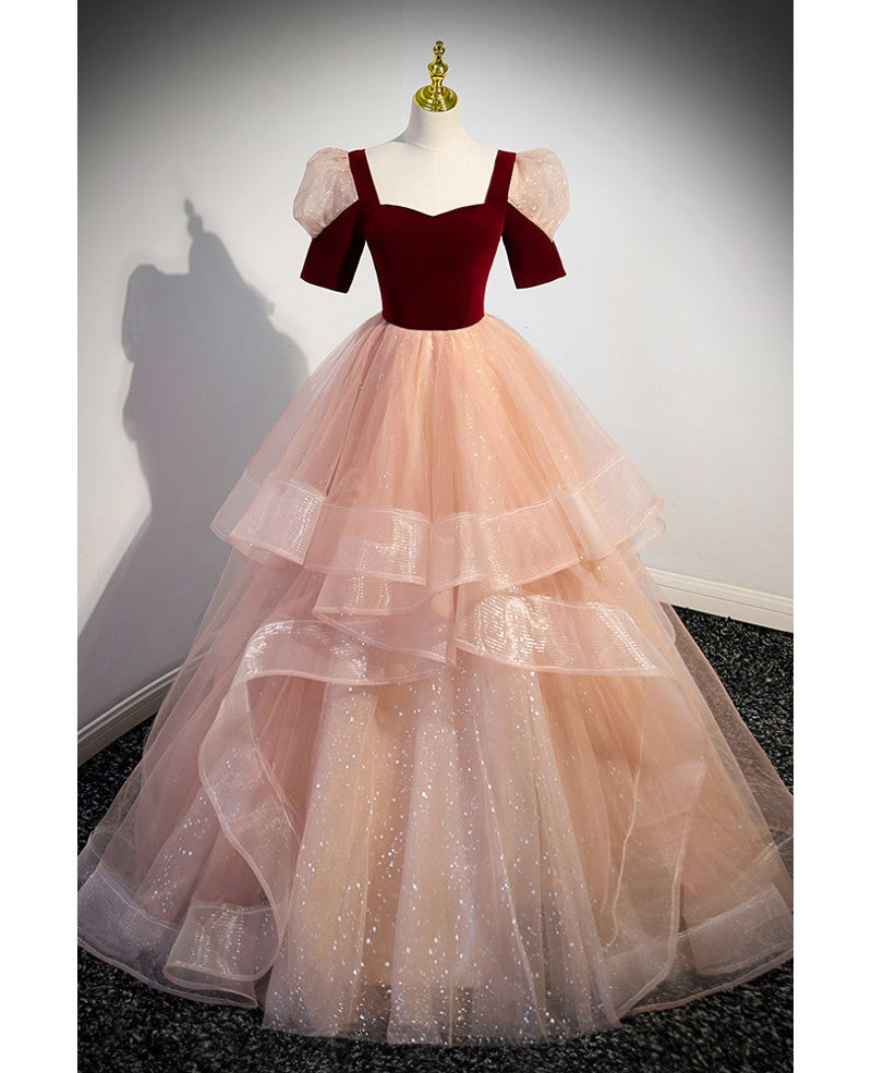 Unique and beautiful wine red sparkling layered square neck short sleeved ball dress with wine red backless straps, ruffled edges, and floor length for evening dressing