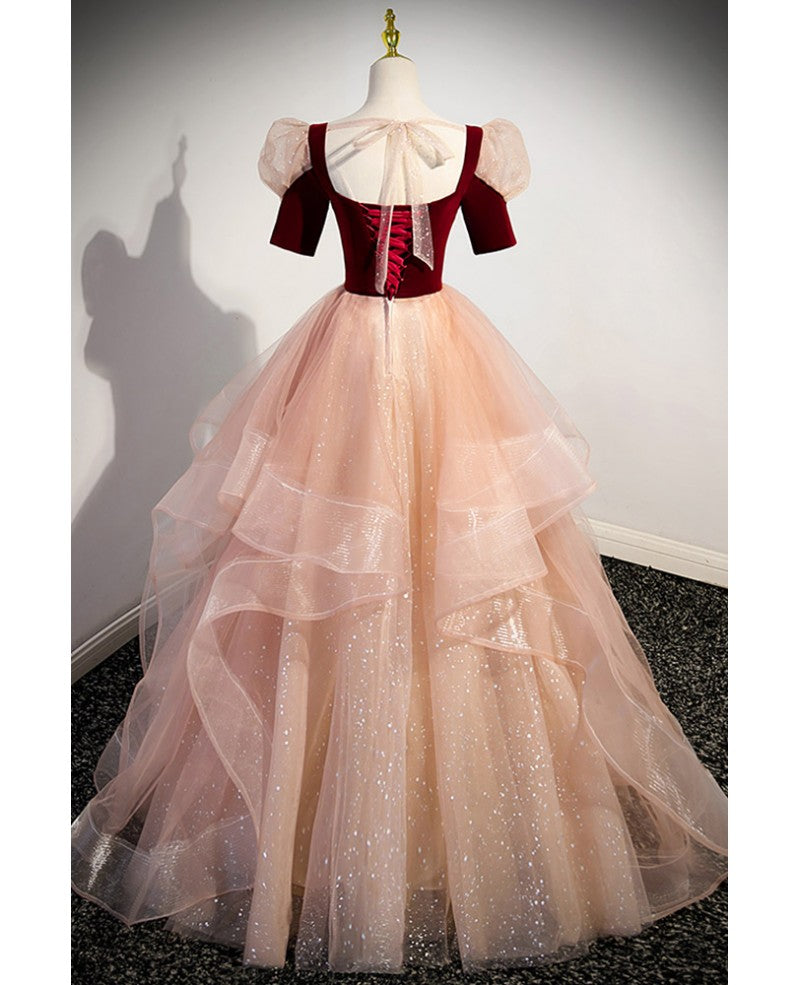 Unique and beautiful wine red sparkling layered square neck short sleeved ball dress with wine red backless straps, ruffled edges, and floor length for evening dressing