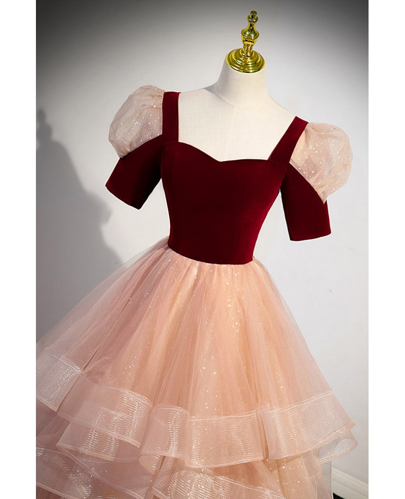 Unique and beautiful wine red sparkling layered square neck short sleeved ball dress with wine red backless straps, ruffled edges, and floor length for evening dressing