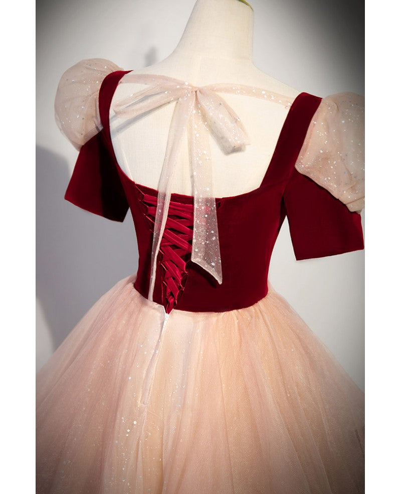 Unique and beautiful wine red sparkling layered square neck short sleeved ball dress with wine red backless straps, ruffled edges, and floor length for evening dressing