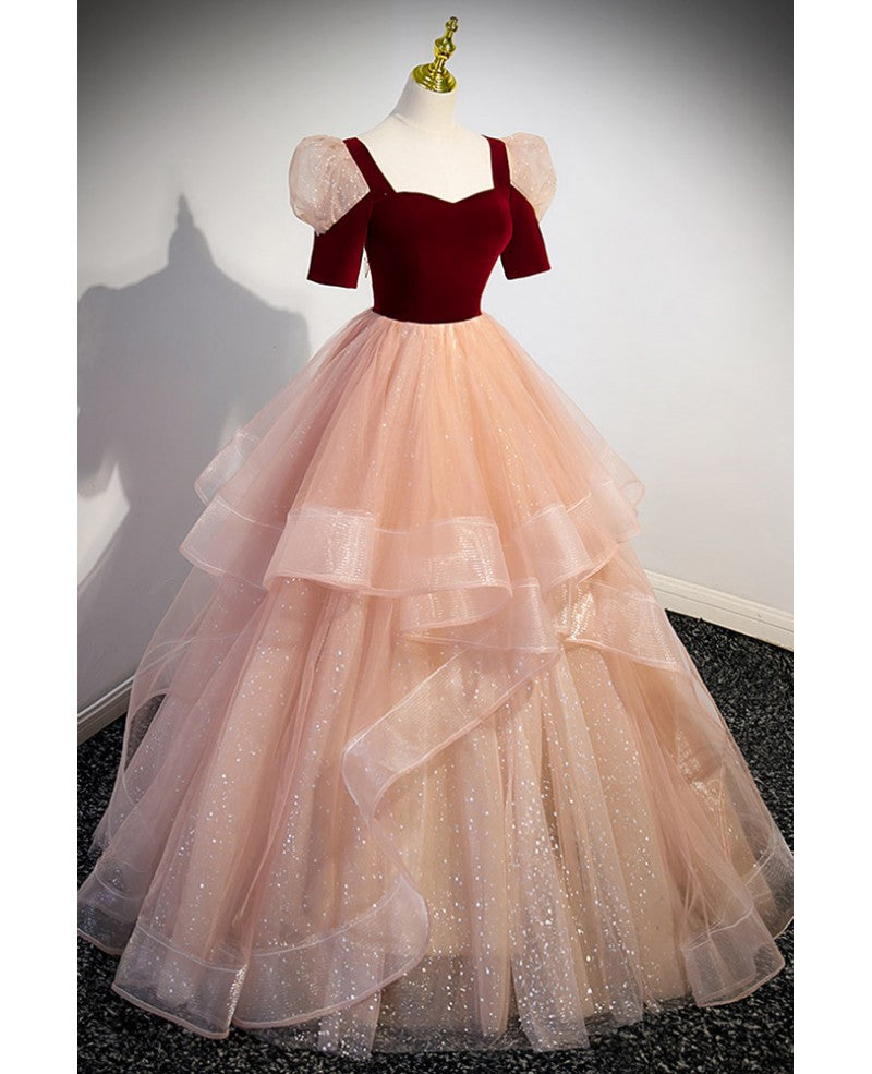 Unique and beautiful wine red sparkling layered square neck short sleeved ball dress with wine red backless straps, ruffled edges, and floor length for evening dressing