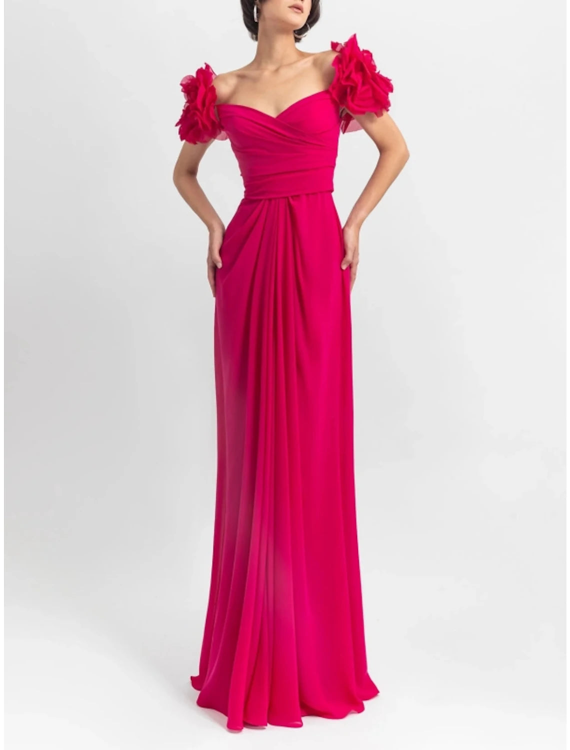Etuikleid/Säulenkleid, elegantes Abendkleid, formelle Hochzeitsgäste, bodenlang, lange Ärmel, schulterfrei, Stretchstoff mit Schulterblume