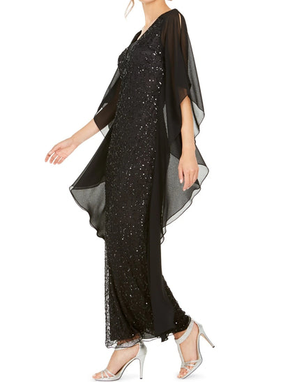 A-Line Mother of the Bride Dress Wedding Guest Elegant V Neck Ankle Length Chiffon Half Sleeve with Ruching