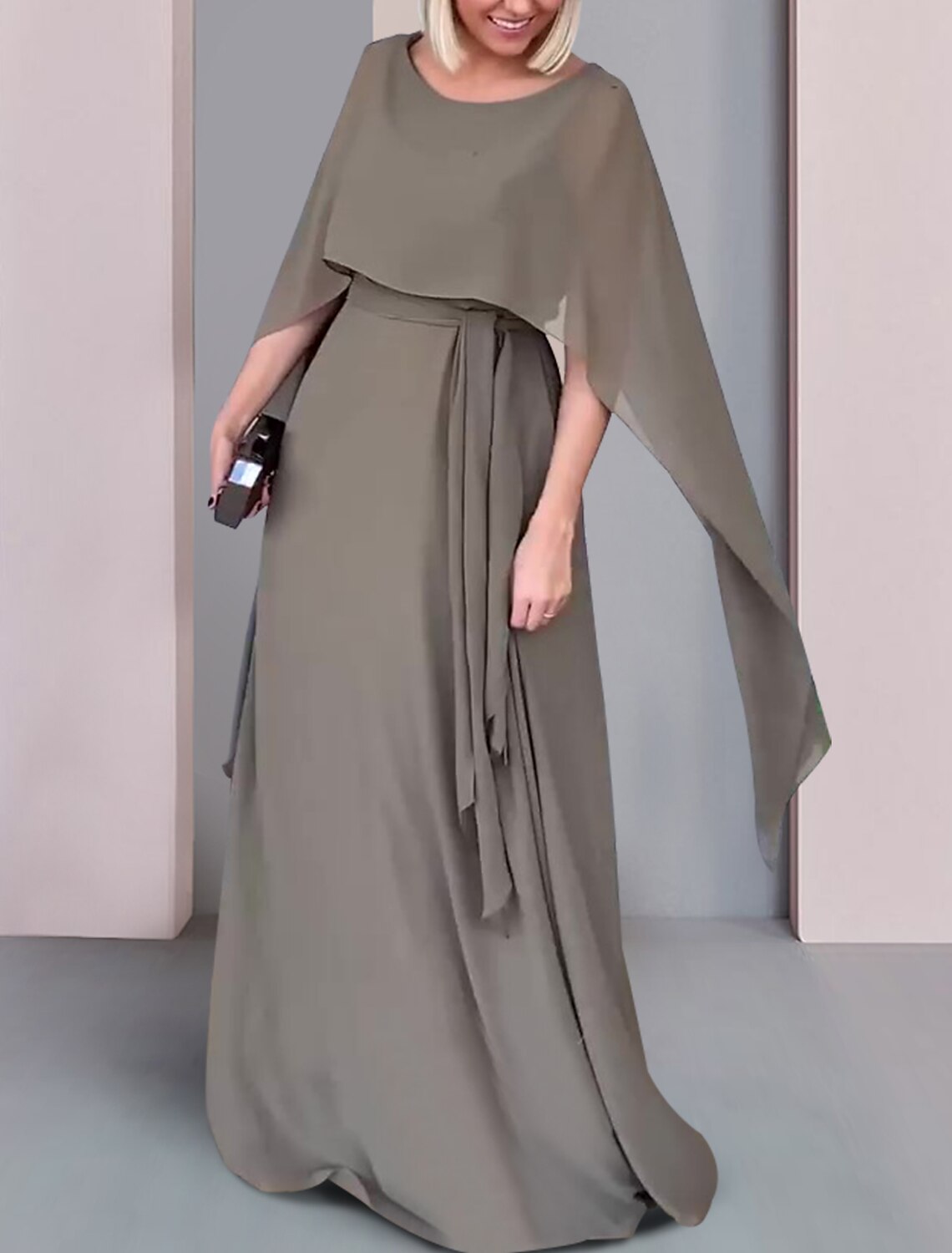 Etuikleid/Säulenkleid für die Brautmutter, formeller Hochzeitsgast, elegant, Rundhalsausschnitt, bodenlang, Chiffon, ärmellos, mit Falten