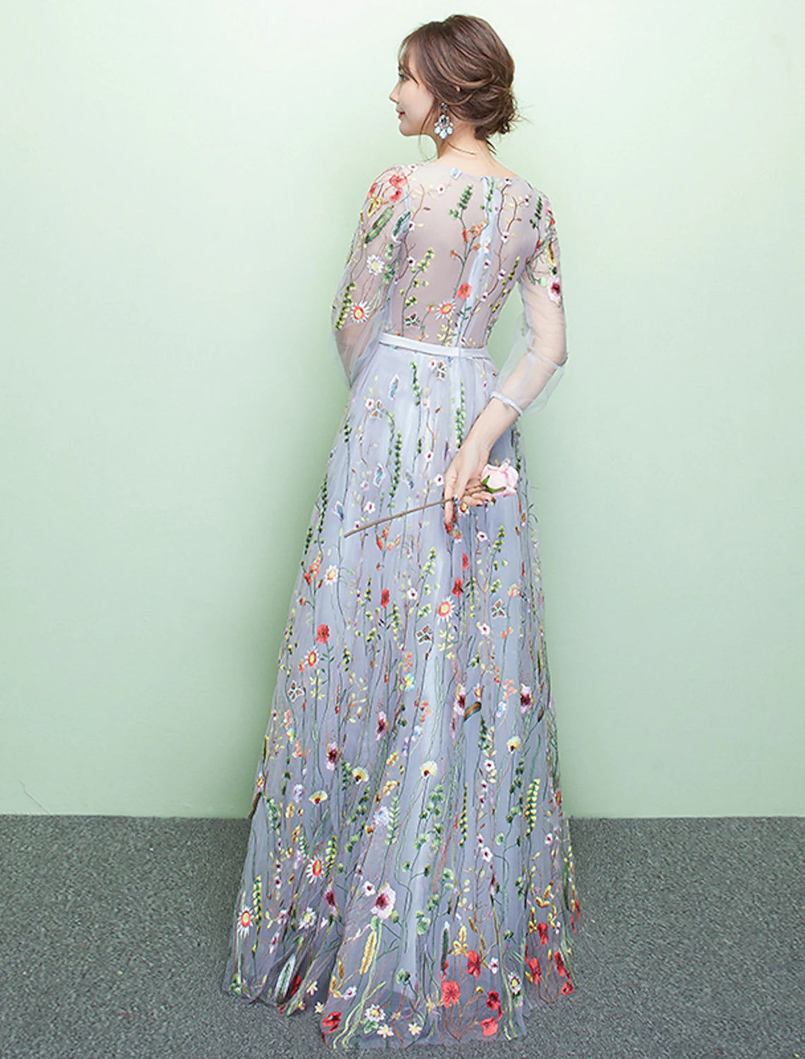 A-Linie Elegantes Sparkle &amp; Shine Formales Abendkleid Rundhalsausschnitt 3/4-Ärmel Bodenlang Spitze mit Stickerei