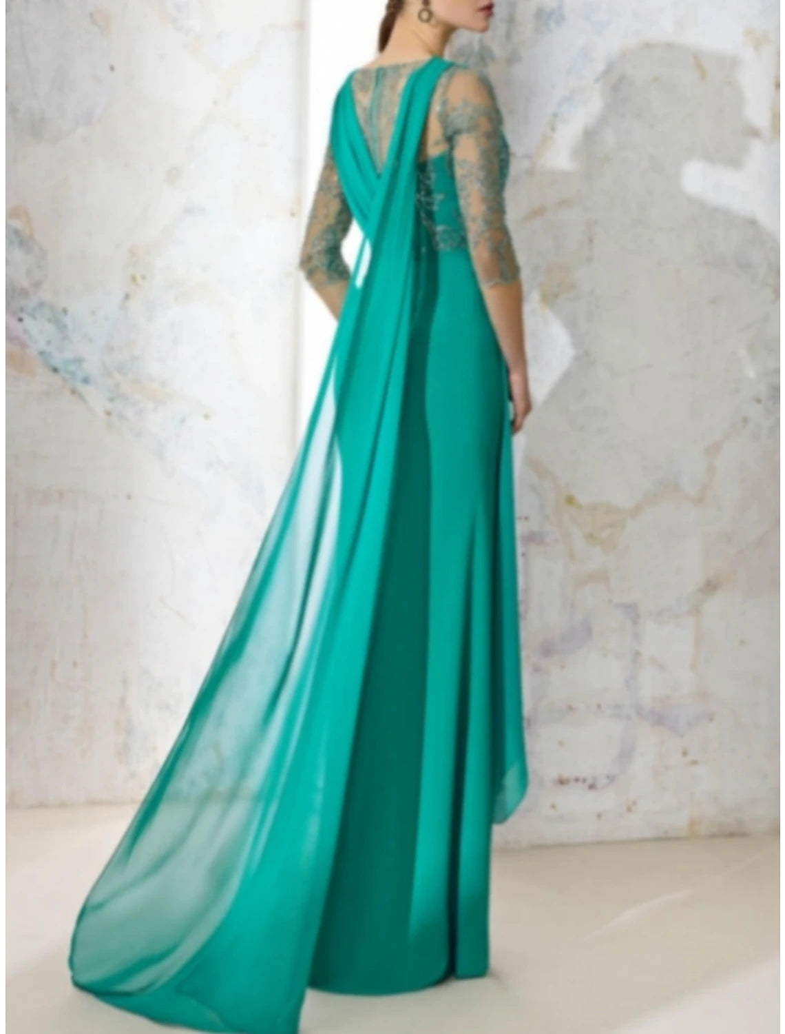 Etuikleid/Säulenkleid für die Brautmutter, elegantes Hochzeitsgastkleid, V-Ausschnitt, bodenlanges Stretch-Chiffon, halbe Ärmel mit Spitze, Pailletten, Schlitz vorne