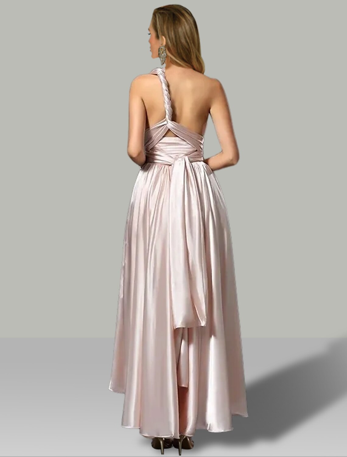 Robe de mariée trapèze asymétrique sans manches, col en V, convertible, en satin avec fronces