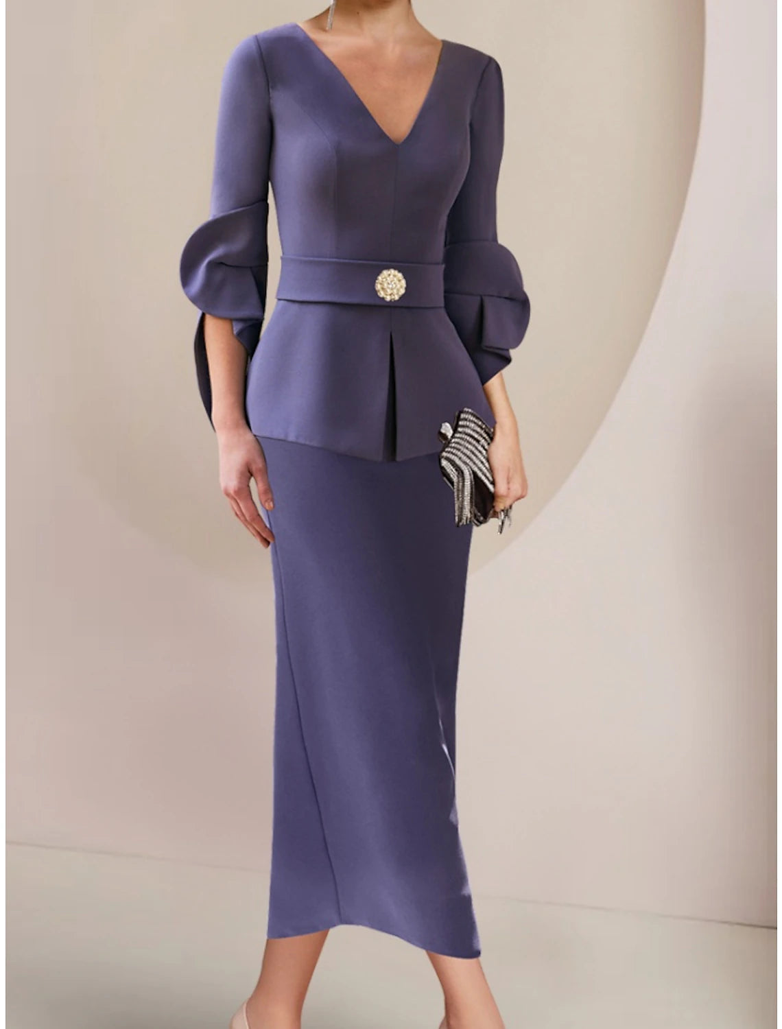 A-Linien-Kleid für die Mutter der Braut, Hochzeitsgast, elegant, V-Ausschnitt, knöchellang, Stretch-Stoff, halbe Ärmel, mit Kristallbrosche, Rüschen