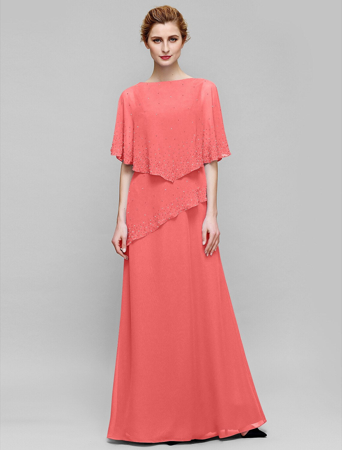 Etuikleid/Säulenkleid für die Brautmutter, elegant, U-Boot-Ausschnitt, bodenlang, Chiffon, ärmellos, mit Perlenstickerei