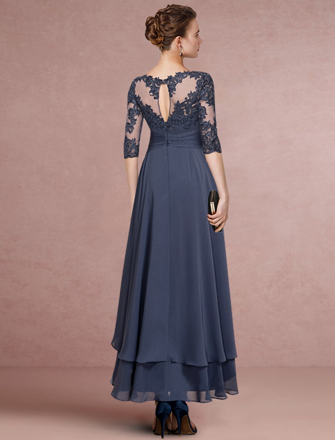 Etuikleid/Säulenkleid für die Brautmutter, Hochzeitsgast, Party, elegant, Rundhalsausschnitt, asymmetrisch, Chiffon, Spitze, halbe Ärmel mit Falten, einfarbig