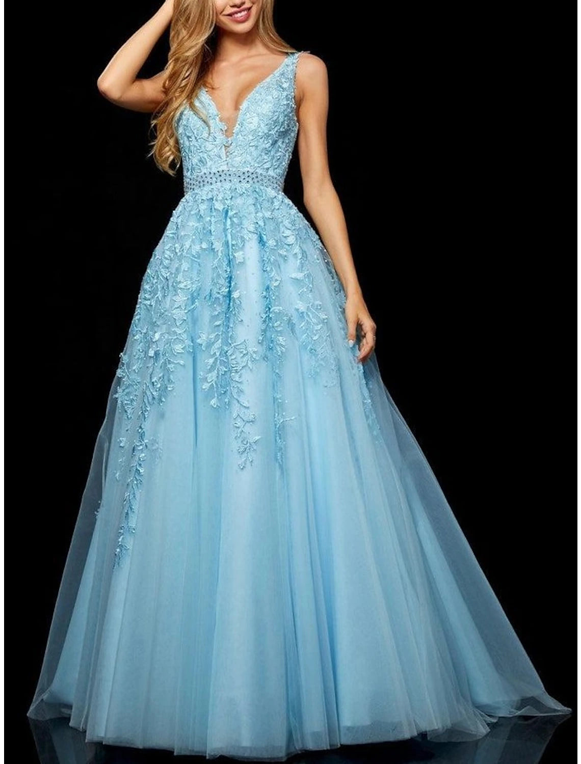 Robe de bal trapèze élégante, longueur au sol, sans manches, col en V, tulle avec broderies et perles