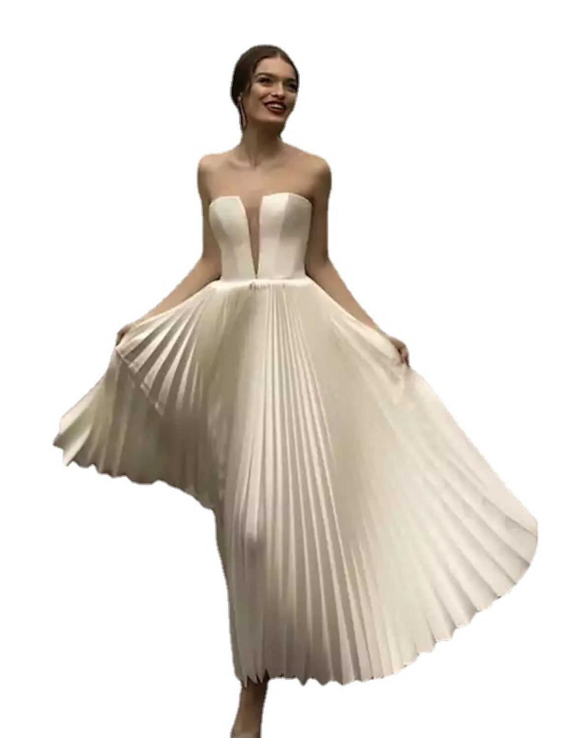 Empfang Kleine Weiße Kleider Brautkleider A-Linie Liebsten Trägerlosen Knöchel Länge Spitze Brautkleider Mit Falten Einfarbig