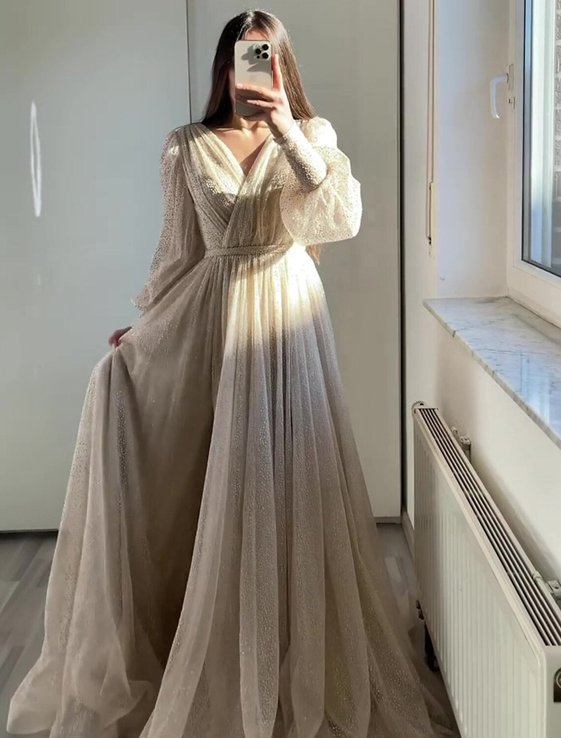 Robe de bal trapèze élégante, tenue de soirée, noire, longueur au sol, manches longues, col en V, tulle froncé, pour invité de mariage