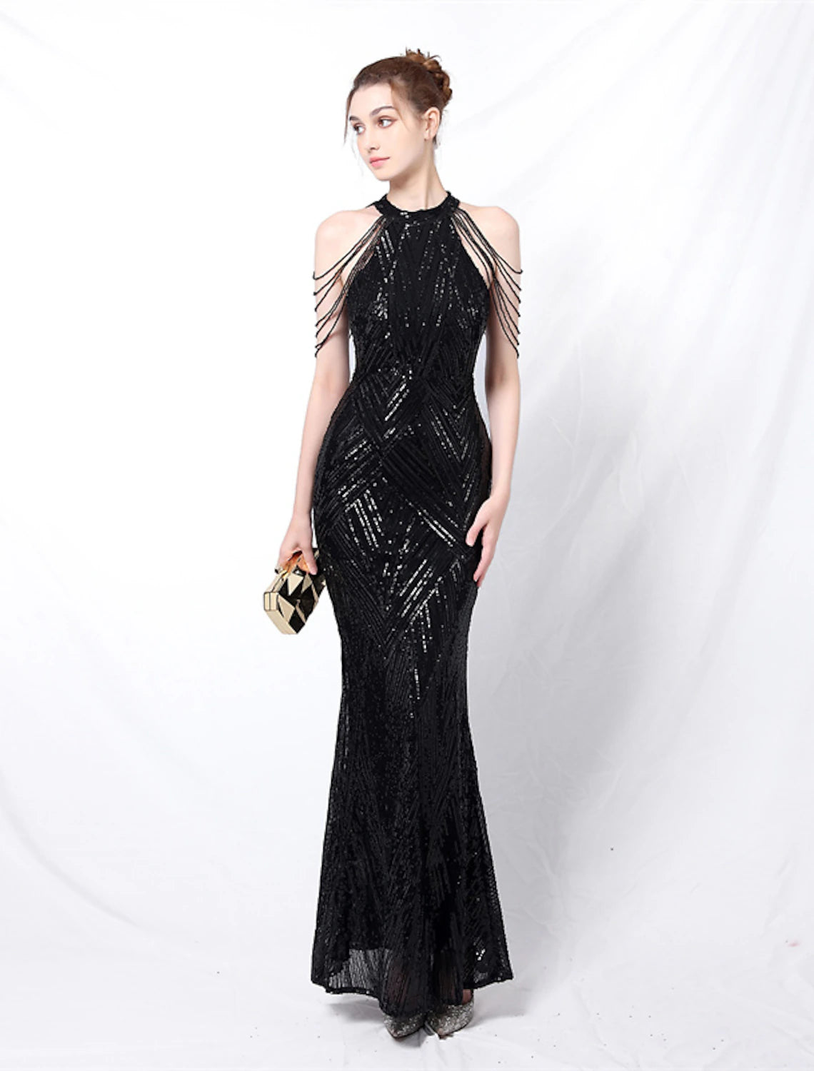 Meerjungfrau-Partykleid, Ballkleid, funkelndes und glänzendes Kleid, formelle Hochzeitsgäste, bodenlang, ärmellos, Neckholder, mit Pailletten