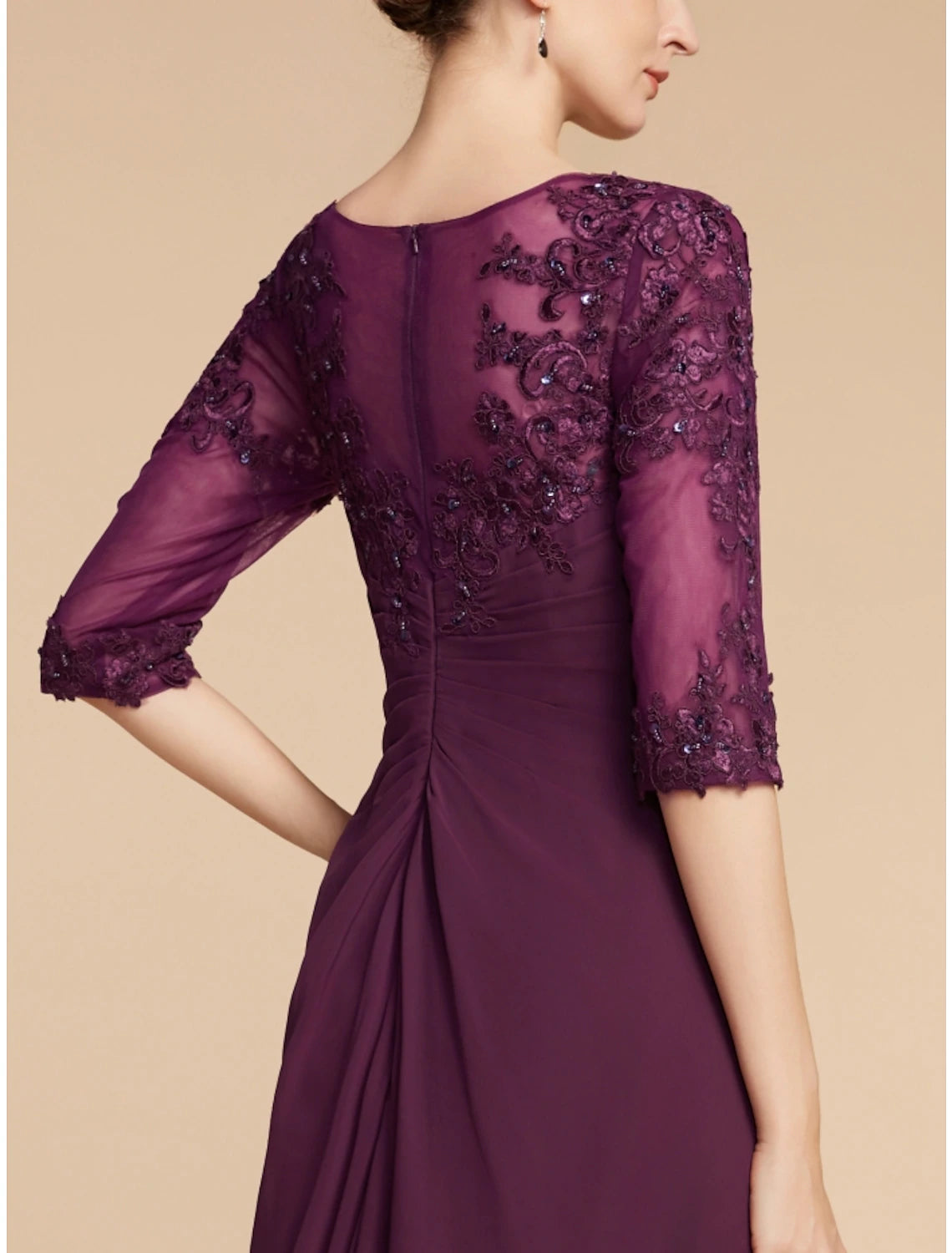 Etuikleid/Säulenkleid für die Brautmutter, Hochzeitsgast, elegant, Rundhalsausschnitt, bodenlang, Chiffon, Spitze, halbe Ärmel, mit Falten, Pailletten