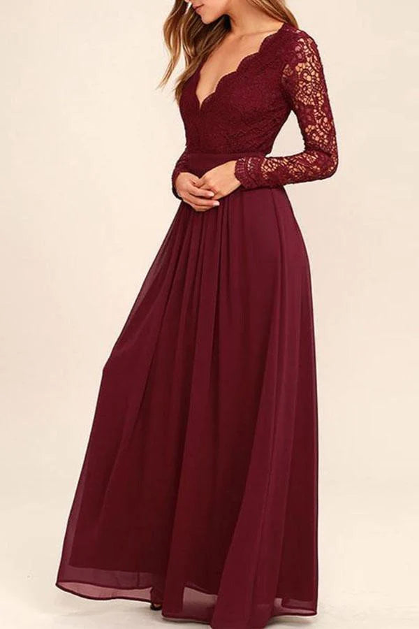 Reifes V-Ausschnitt Langarm Tief Burgund Spitze Chiffon Ballkleid Abendkleid