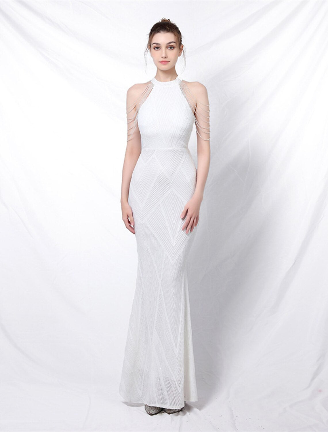 Meerjungfrau-Partykleid, Ballkleid, funkelndes und glänzendes Kleid, formelle Hochzeitsgäste, bodenlang, ärmellos, Neckholder, mit Pailletten
