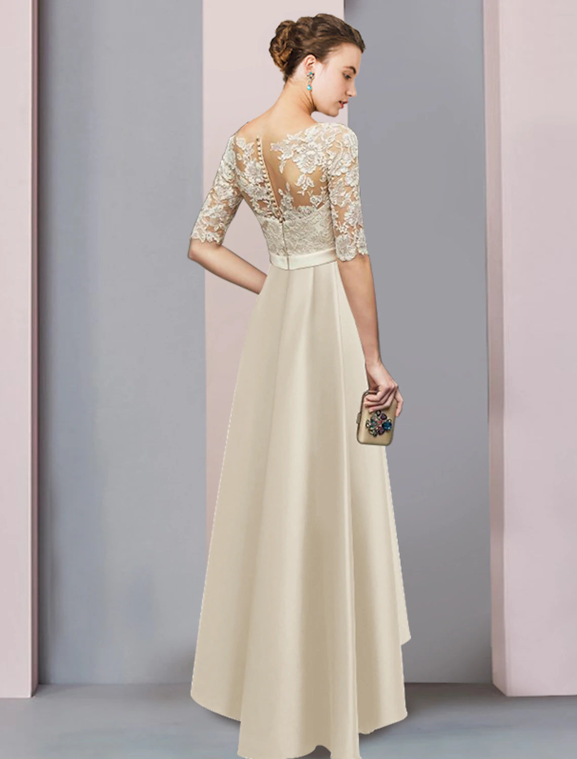 A-Linien-Kleid für die Mutter der Braut, formeller Hochzeitsgast, elegant, hoch und tief, U-Ausschnitt, asymmetrisch, knielang, Satin, Spitze, halbe Ärmel mit Schleifenapplikationen