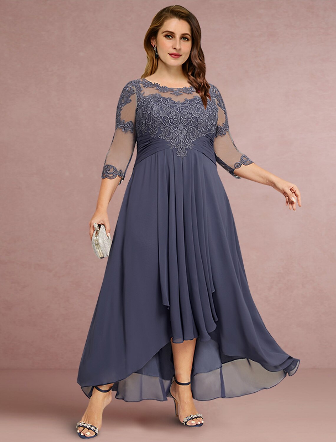 Etuikleid/Säulenkleid für die Brautmutter, Hochzeitsgast, elegant, Rundhalsausschnitt, asymmetrisch, Chiffon, Spitze, 3/4-Ärmel mit Falten, einfarbig