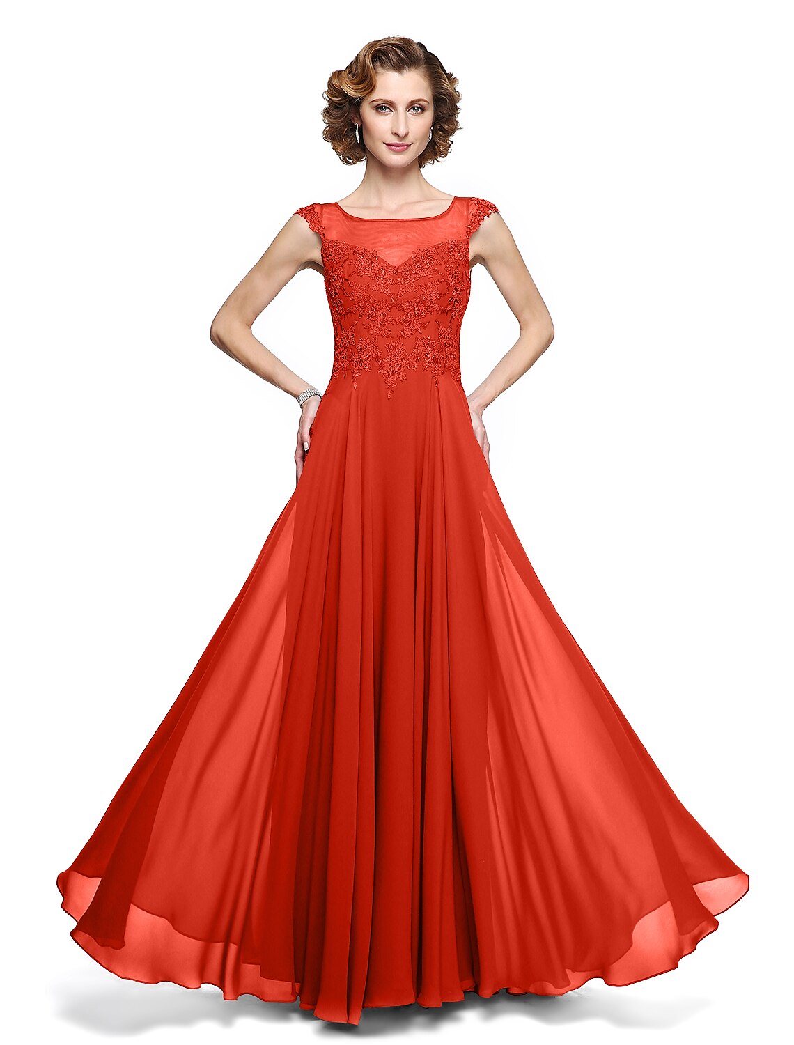 A-Line Mother of the Bride Dress Elegant Jewel Neck Ankle Length Chiffon Lace Sleeveless with Appliques
