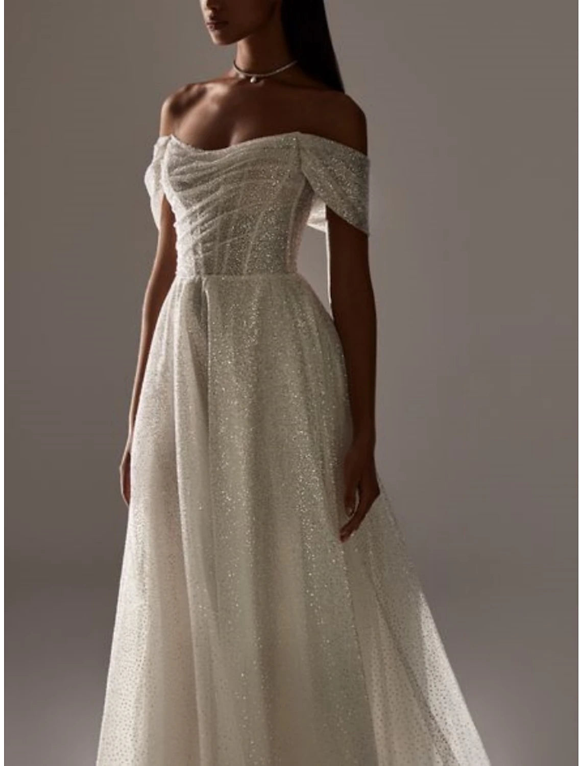 Formal Wedding Dresses A-Line Off Shoulder Short Sleeve Court Train Tulle Bridal Gowns With Pleats Ruched