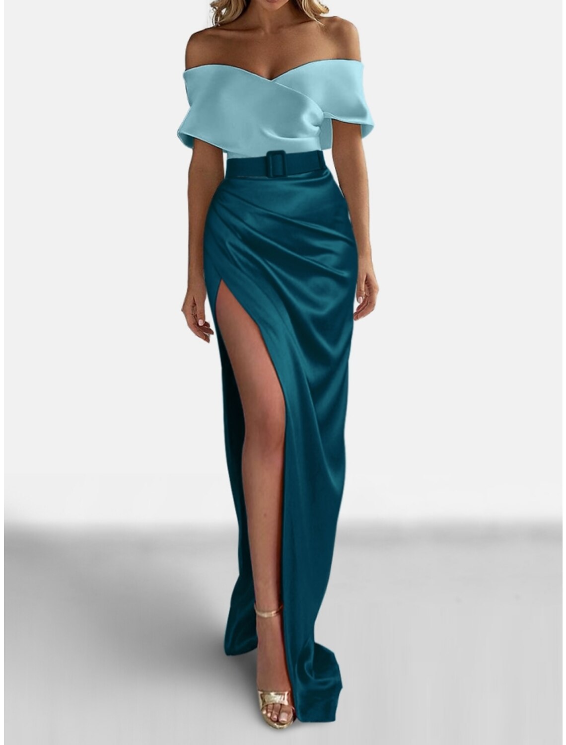 Etuikleid Abendkleid Elegantes Kleid Formal Sweep / Brush Train Rot Grün Kleid Kurzarm Off Shoulder Satin mit gerüschtem Schlitz
