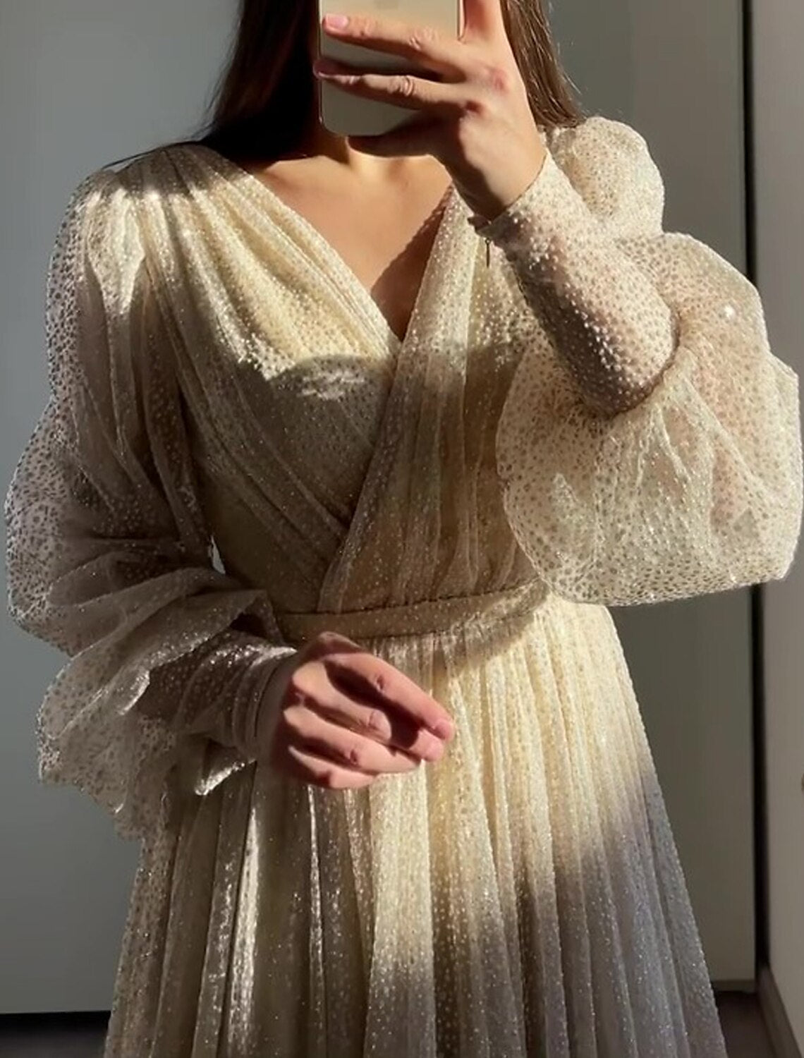 Robe de bal trapèze élégante, tenue de soirée, noire, longueur au sol, manches longues, col en V, tulle froncé, pour invité de mariage