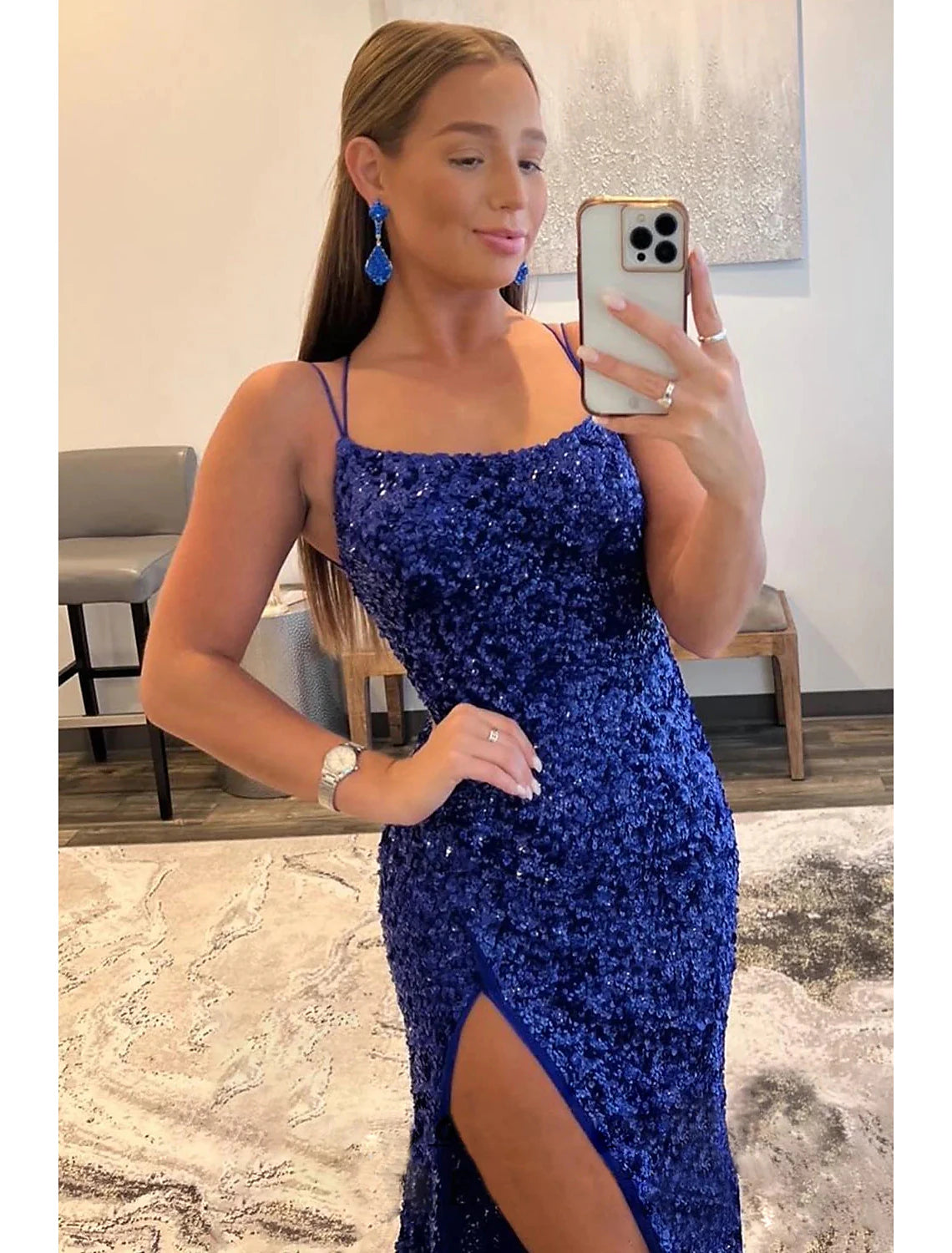 Robe de bal sirène/trompette, robe tendance, soirée de mariage formelle, traîne à balayage/pinceau, sans manches, bretelles spaghetti, dos nu pailleté avec fente à paillettes