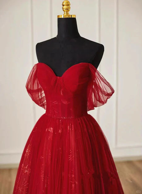 Wunderschönes weinrotes Tüll Sweetheart Off Shoulder Ballkleid, weinrotes langes Partykleid